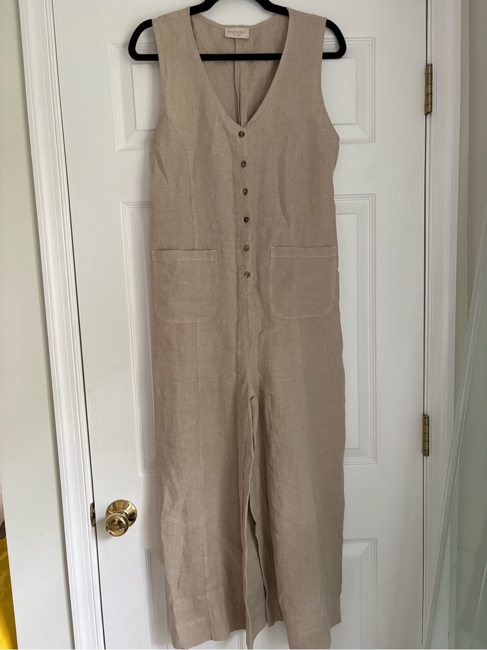 Nomad Beige Linen Button-Front Wide-Leg Jumpsuit
